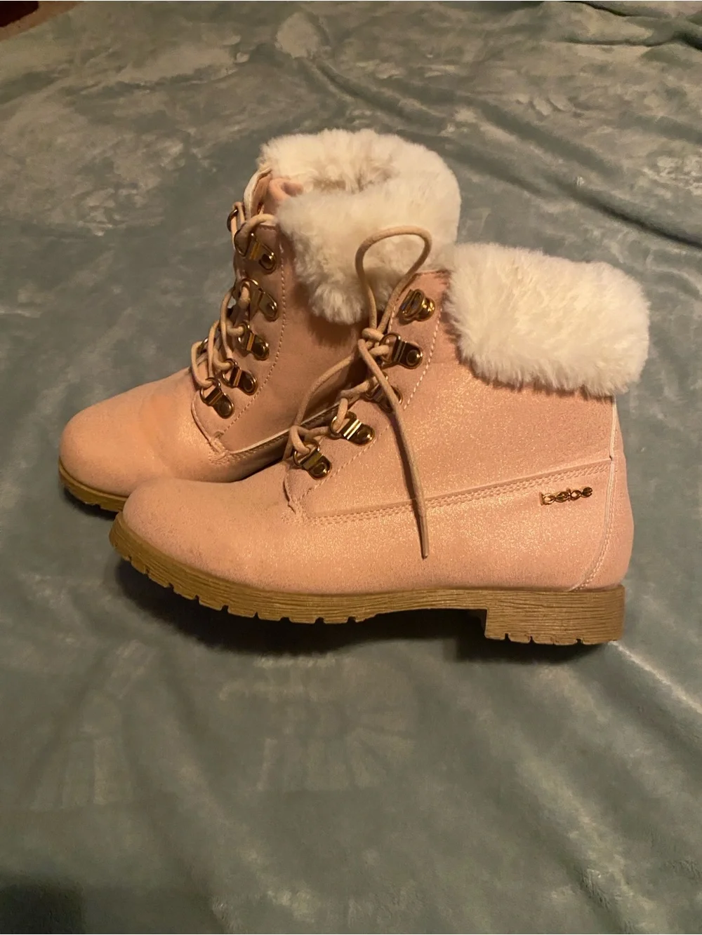 Bebe Women’s Pink Faux-Fur Lace-Up Ankle Boots